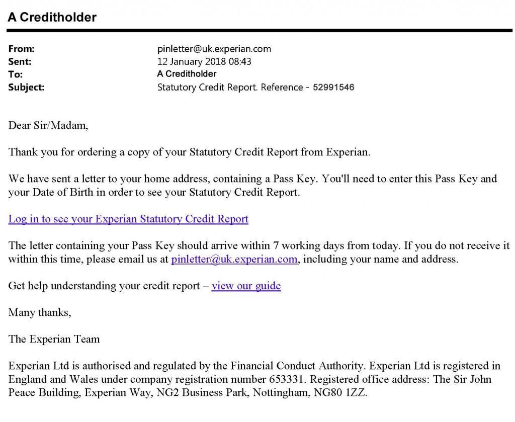 Experian Statutory Credit Report Email with link